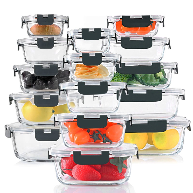 KOMUEE 30 Pieces Glass Food Storage Containers Set, Glass Meal Prep Containers Set with Snap Locking Lids, Airtight lunch Containers for Microwave, Oven, Freezer & Dishwasher,Gray - Image 1