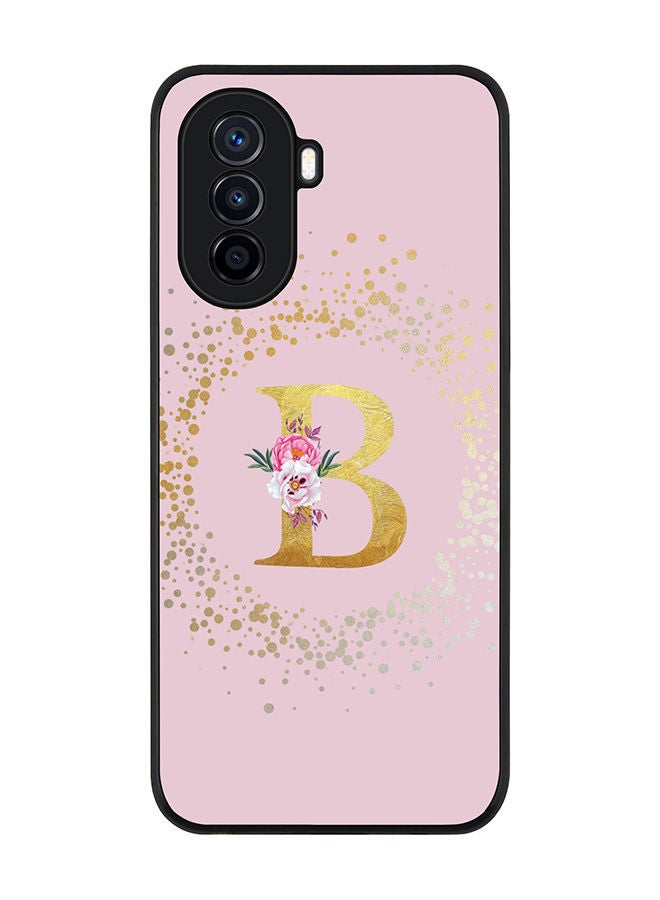 Rugged Black edge case for Huawei Nova Y70  Slim fit Soft Case Flexible Rubber Edges Anti Drop TPU Gel Thin Cover - Custom Monogram Initial Letter Floral Pattern Alphabet - B (Pink )