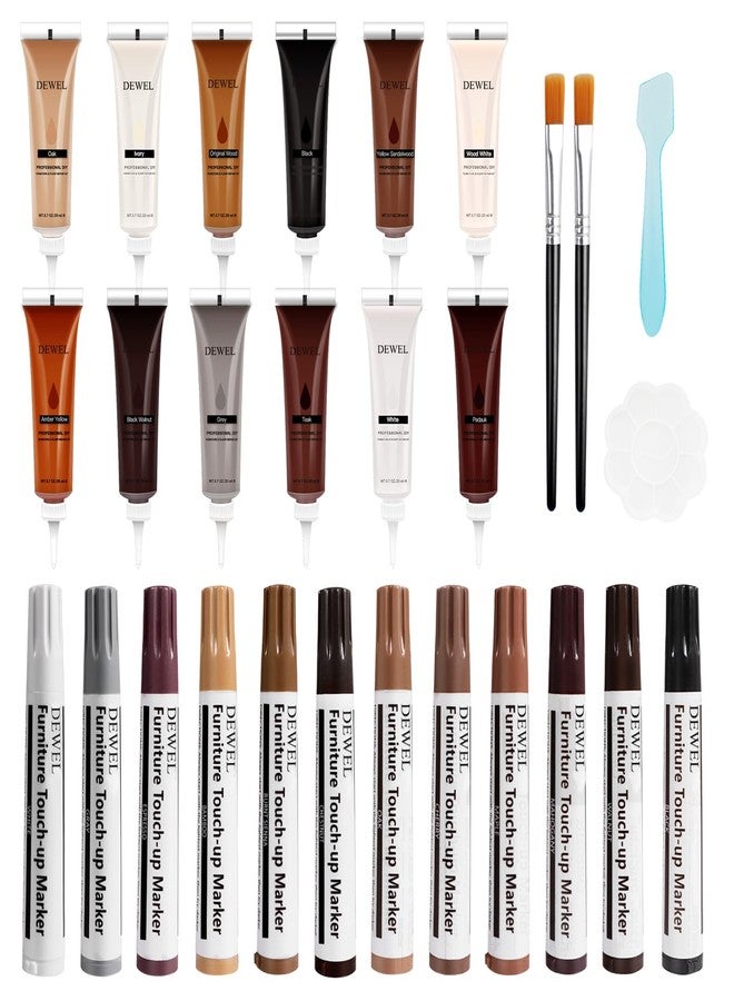 DEWEL Wood Furniture Repair Kit, 28 Pcs Wood Scratch Repair Kit, Upgrade Wood Furniture Touch Up Markers and Fillers for Stains, Scratches, Wood Floors, Tables, Bedposts - Image 1