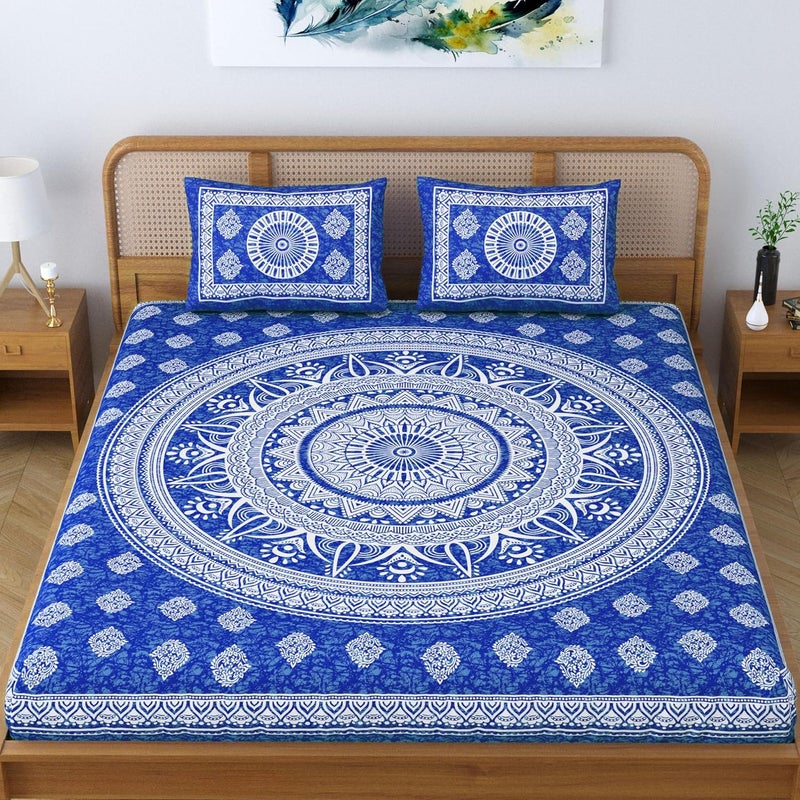 Colorish Cotton Blend Mandala Printed Jaipuri Batik Bedsheet for Double Bed King Size with 2 Pillow Covers Blue - Image 2