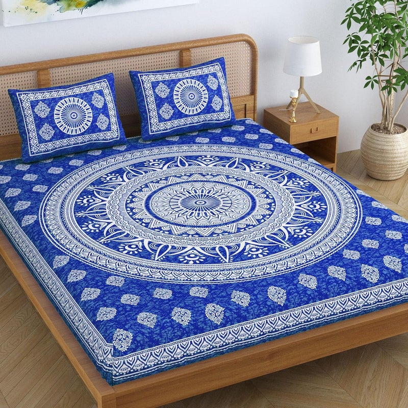 Colorish Cotton Blend Mandala Printed Jaipuri Batik Bedsheet for Double Bed King Size with 2 Pillow Covers Blue - Image 1