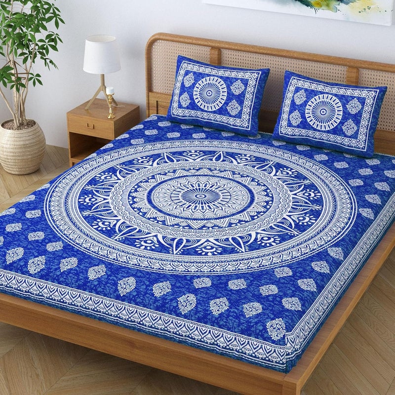 Colorish Cotton Blend Mandala Printed Jaipuri Batik Bedsheet for Double Bed King Size with 2 Pillow Covers Blue - Image 3