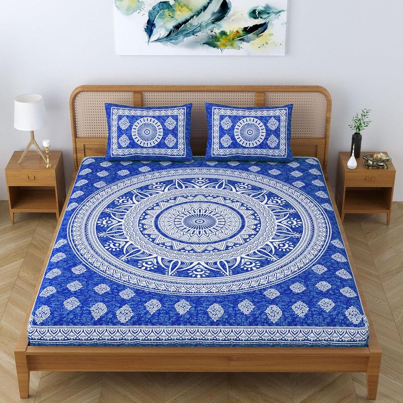 Colorish Cotton Blend Mandala Printed Jaipuri Batik Bedsheet for Double Bed King Size with 2 Pillow Covers Blue - Image 5