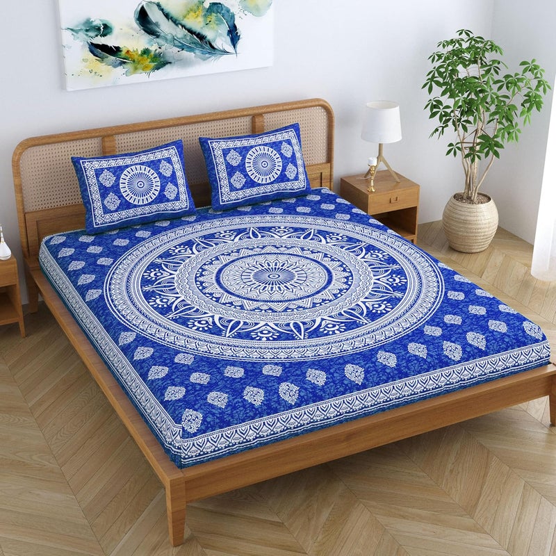 Colorish Cotton Blend Mandala Printed Jaipuri Batik Bedsheet for Double Bed King Size with 2 Pillow Covers Blue - Image 4