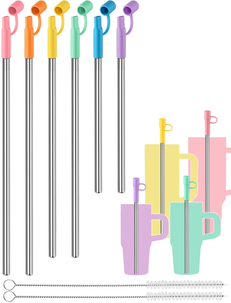 NiHome 6PCS Reusable Anti-Wrinkle Straw Set Fit for Stanley Tumblers, 3 Lengths Stainless Steel Drinking Straws with Silicone Tips Fit for 14oz 20oz 30oz 40oz, Protective Caps & Brushes (6 Colors) - Image 1