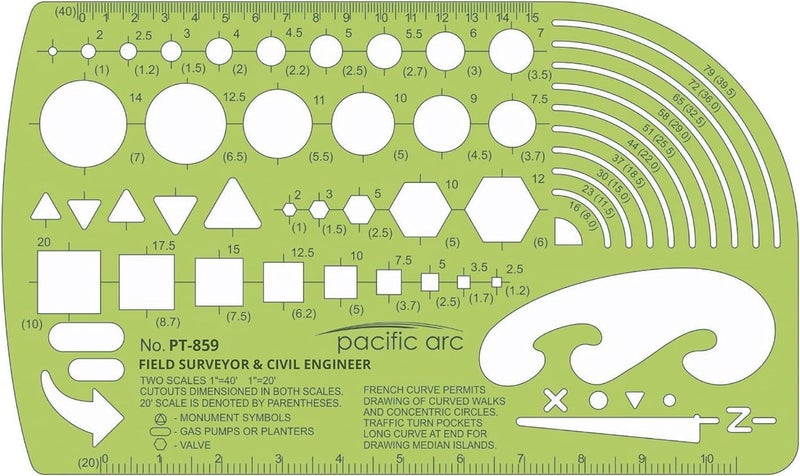 Pacific Arc - Survey & Civil Engineer Template - Drawing Aid Stencil for Professional or School Work - Size 3.87 x 6.5 inch - Image 1