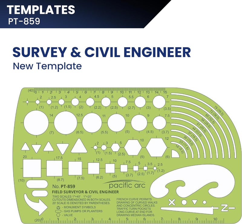 Pacific Arc - Survey & Civil Engineer Template - Drawing Aid Stencil for Professional or School Work - Size 3.87 x 6.5 inch - Image 2