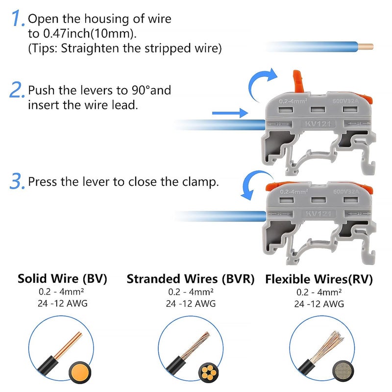 MELIFE 50PCS DIN Rail Terminal Blocks Kit Universal Compact Lever Wire Connector for Electrical Wires Detachable Ground Circuit Terminal Blocks for Circuit Inline 2812 AWG - Image 4