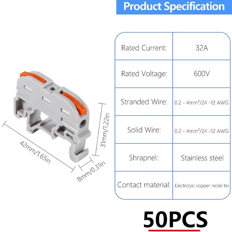 MELIFE 50PCS DIN Rail Terminal Blocks Kit Universal Compact Lever Wire Connector for Electrical Wires Detachable Ground Circuit Terminal Blocks for Circuit Inline 2812 AWG - Image 2