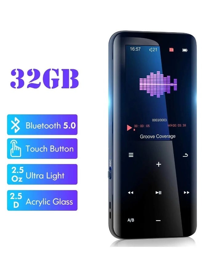 ليسو مشغل MP3 بسعة 32 جيجابايت ببلوتوث 5.0 - مشغل رقمي بدون فقدان موسيقى MP3 MP4 متنقل للأطفال مع راديو FM وسماعة عالية الوضوح للرياضة والجري، إطار من معدن أكريليك ثنائي الوجه بزاوية 2.5D - Image 1