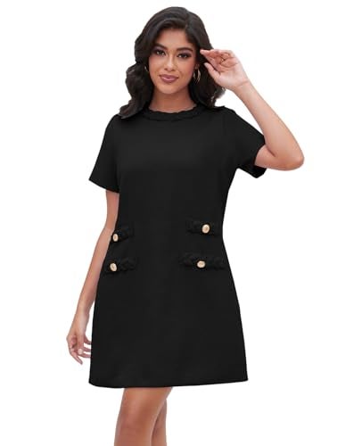 Ladyful Womens Tweed Jackie Dress Short Sleeve Elegant Crew Neck Business Party Vintage Button Bodycon Mini Jackie Dress Black - Image 1