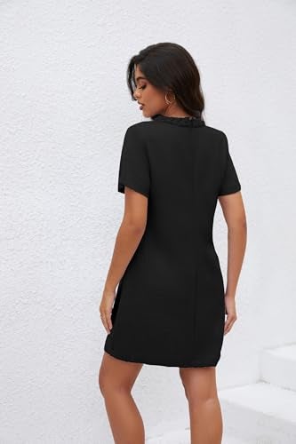 Ladyful Womens Tweed Jackie Dress Short Sleeve Elegant Crew Neck Business Party Vintage Button Bodycon Mini Jackie Dress Black - Image 3