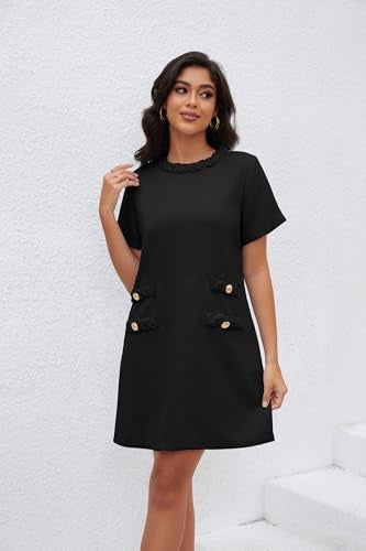 Ladyful Womens Tweed Jackie Dress Short Sleeve Elegant Crew Neck Business Party Vintage Button Bodycon Mini Jackie Dress Black - Image 5