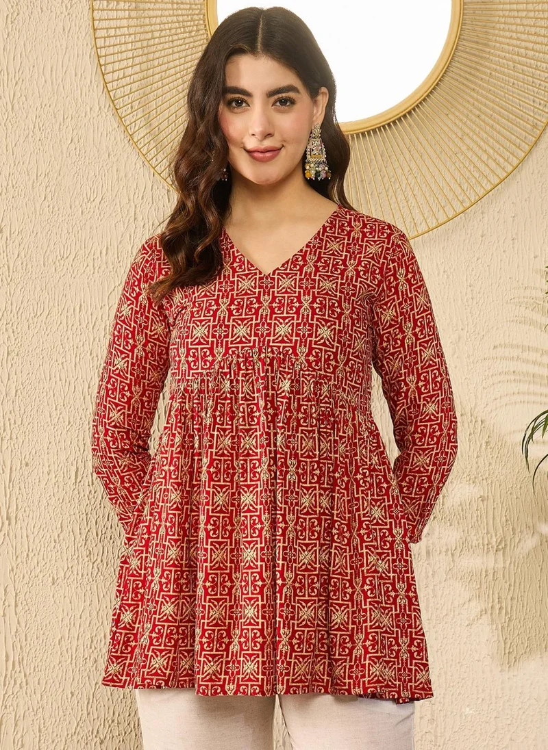 زيري سوق Red Viscose Rayon Gathered Peplum Tunic Top