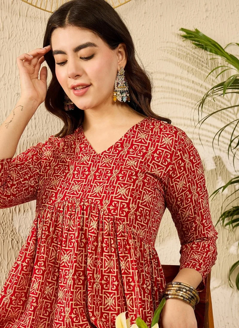 زيري سوق Red Viscose Rayon Gathered Peplum Tunic Top