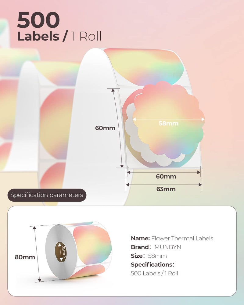 MUNBYN Flower Thermal Labels, 2.25" Rainbow Color Circle Thermal Stickers for DIY Business Logo, Small Business, 500 Sheets/1 Roll - Image 2