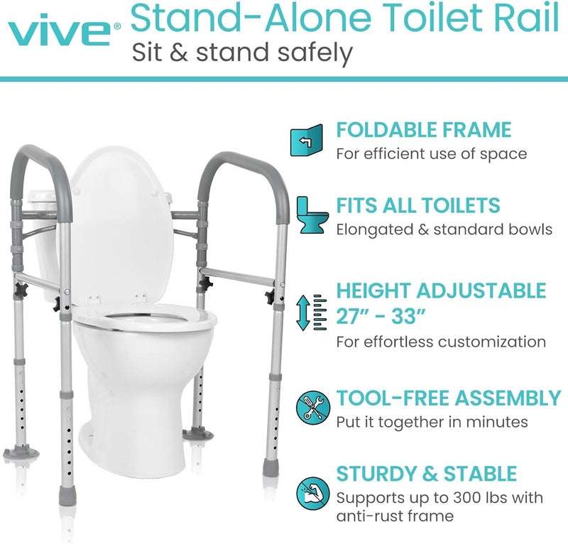 VIVE Toilet Safety Rail - Medical Chair for Handicapped & Seniors - Folding Bathroom Frame w/Handles, Arms for Elderly, Disabled - Standalone Grab Bar - Seat Assistance Support Stand Up Assist - Image 2