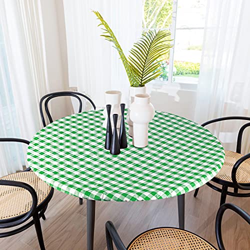 Sorfey Round Tablecloth -Fitted with Elastic, Vinyl with Flannel Back, Fits for Table 30 Inches Round,Water Proof, Easy to Clean, Checked Green Design - Image 1