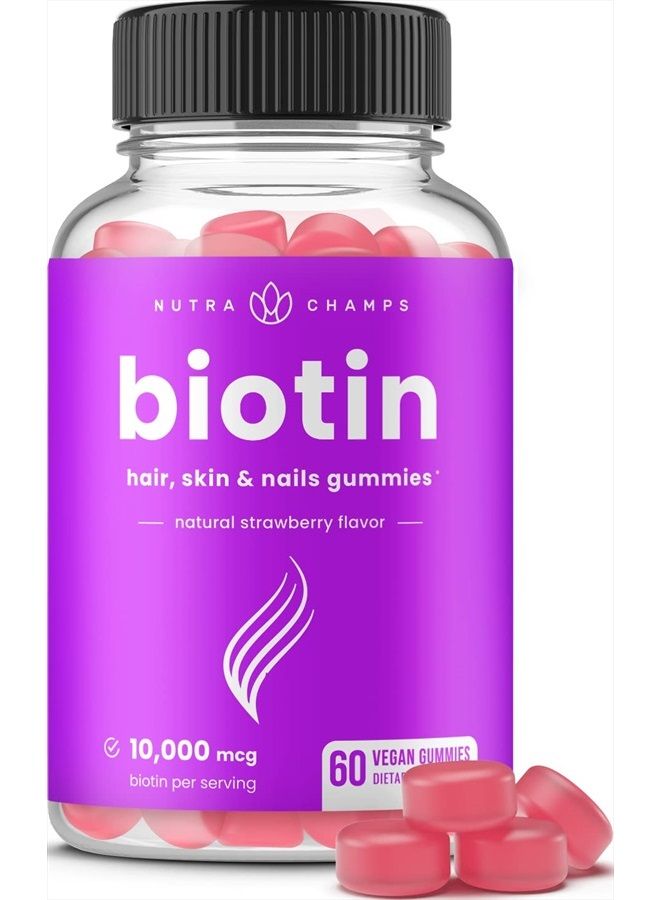 NutraChamps Biotin Gummies 10000mcg [Highest Potency] for Healthy Hair, Skin & Nails Vitamins for Women, Men & Kids - 5000mcg in Each Hair Vitamins Gummy - Vegan, Non-GMO, Hair Growth Supplement - Image 1