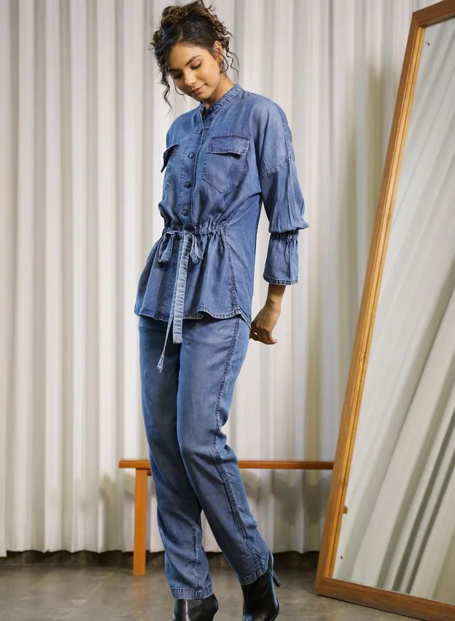 sanskrutihomes Denim Look Mandarin Collar Flap Pocket Shirt with Tie Up Detail & Pants Co-Ord by Styli