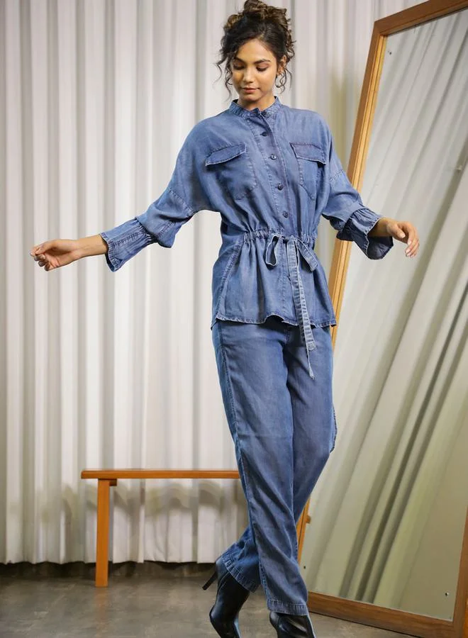 sanskrutihomes Denim Look Mandarin Collar Flap Pocket Shirt with Tie Up Detail & Pants Co-Ord by Styli