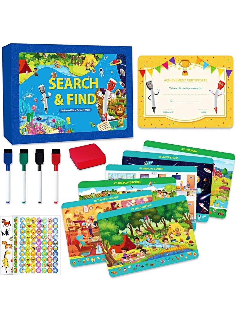 ابحث واعثر على كتب للأطفال، كتاب تعليمي مشغول للأطفال من عمر 3-5 سنوات، 12 لوحة نشاط بمواضيع مختلفة معMarkers، ألعاب سفر رائعة للرحلات البرية والطائرات، أفضل هدية للأطفال - Image 1