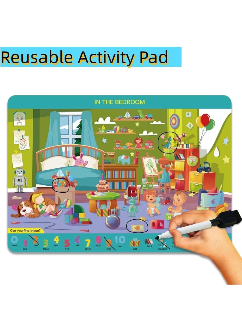 ابحث واعثر على كتب للأطفال، كتاب تعليمي مشغول للأطفال من عمر 3-5 سنوات، 12 لوحة نشاط بمواضيع مختلفة معMarkers، ألعاب سفر رائعة للرحلات البرية والطائرات، أفضل هدية للأطفال - Image 4