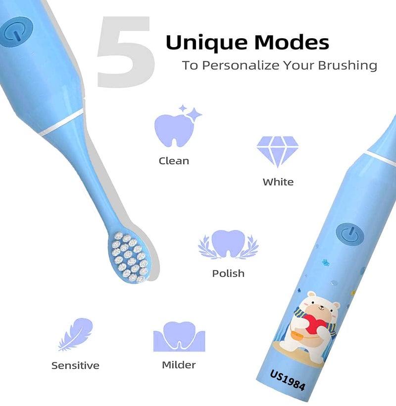 US1984 Sonic Electric Toothbrush for Kids with 5 Modes, 3 Brush Heads & Rechargeable Battery, Ultra Soft Nylon Bristles, IPX7 Waterproof, Electric Power Tooth brush (Blue) - Image 2