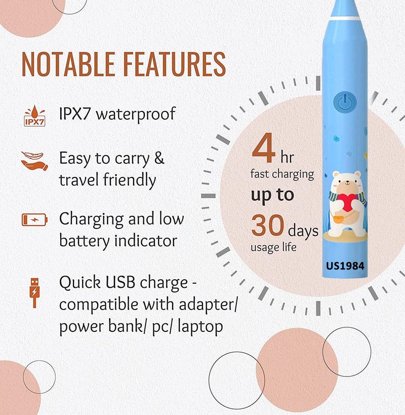 US1984 Sonic Electric Toothbrush for Kids with 5 Modes, 3 Brush Heads & Rechargeable Battery, Ultra Soft Nylon Bristles, IPX7 Waterproof, Electric Power Tooth brush (Blue) - Image 3