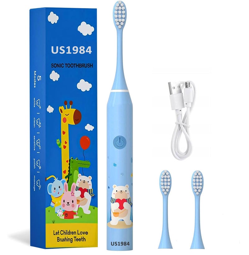 US1984 Sonic Electric Toothbrush for Kids with 5 Modes, 3 Brush Heads & Rechargeable Battery, Ultra Soft Nylon Bristles, IPX7 Waterproof, Electric Power Tooth brush (Blue) - Image 1