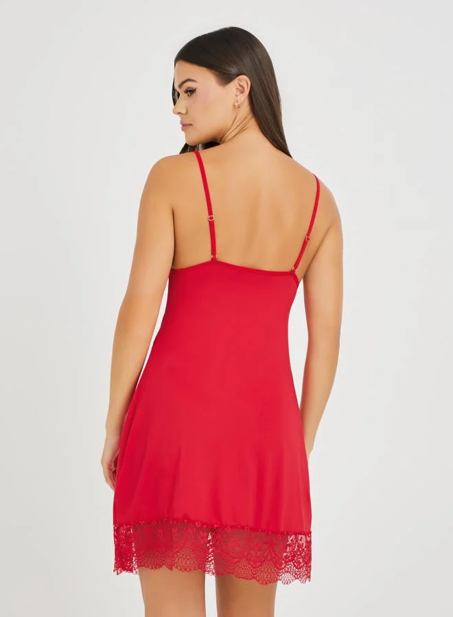 Take Two Take Two Lace Trim Cut Out Waist Satin Slip Dress