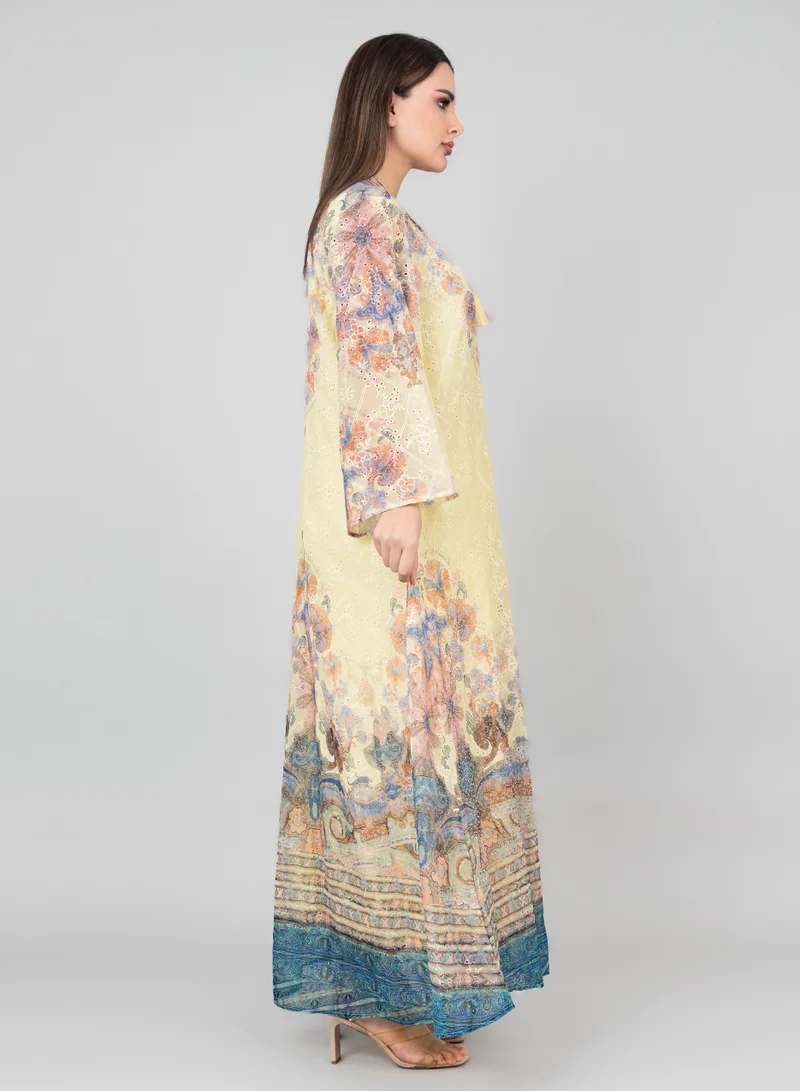 IKKXA Floral Flared Sleeves Printed Jalabiya OMN04 Yellow