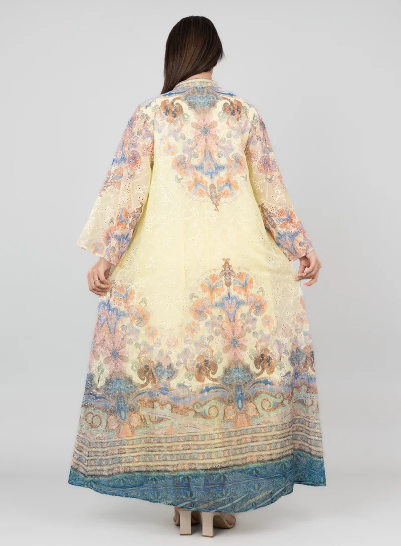 IKKXA Floral Flared Sleeves Printed Jalabiya OMN04 Yellow