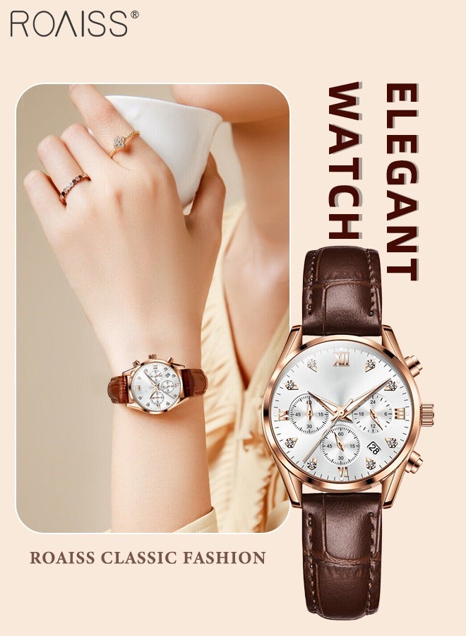 رويس ساعة كرونوغراف كوارتز بحزام جلدي للنساء، ساعة بقرص دائري مع عرض التاريخ، ساعة يد فاخرة مضيئة مقاومة للماء كهدية للسيدات - Image 1
