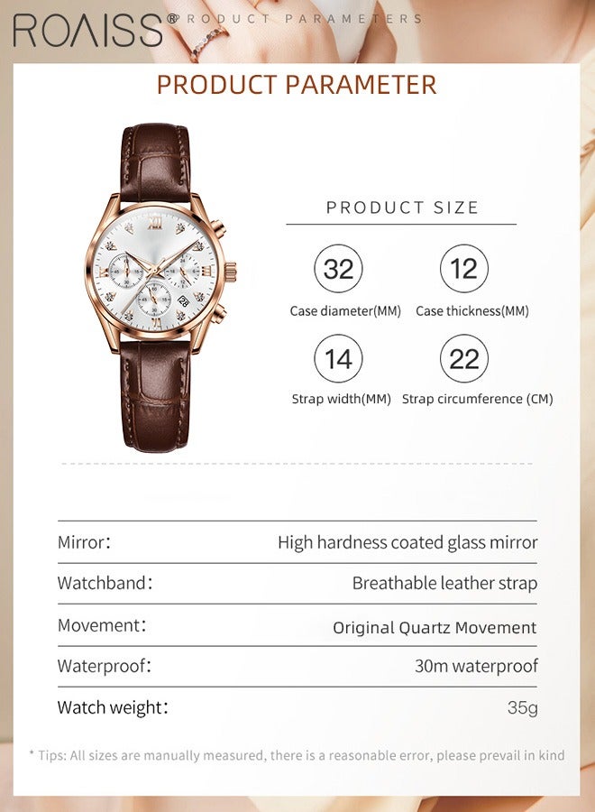 رويس ساعة كرونوغراف كوارتز بحزام جلدي للنساء، ساعة بقرص دائري مع عرض التاريخ، ساعة يد فاخرة مضيئة مقاومة للماء كهدية للسيدات - Image 4