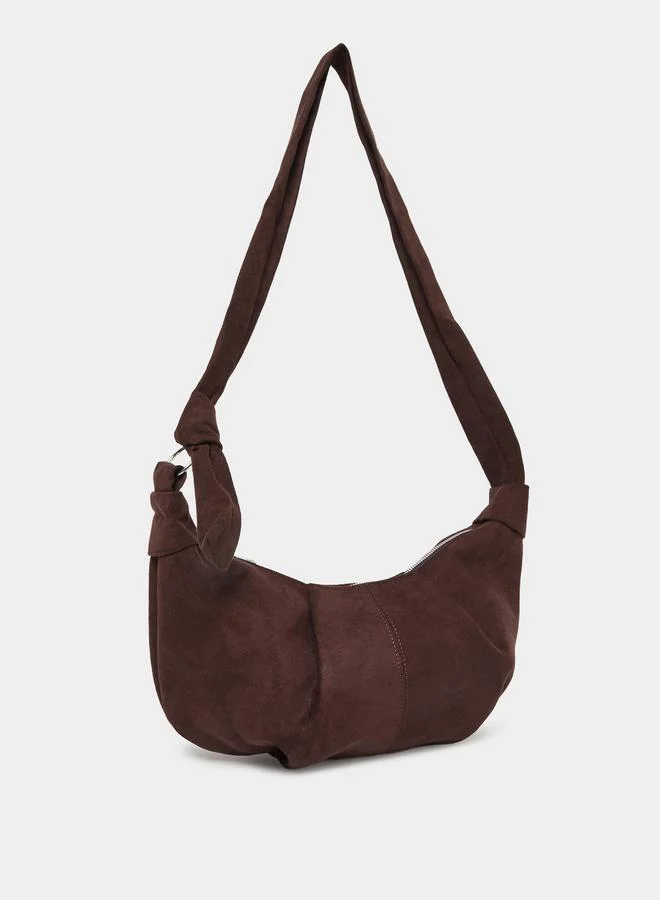 ستايلي حقيبة كتف نسائية جلد سويدي بني على شكل نصف قمر