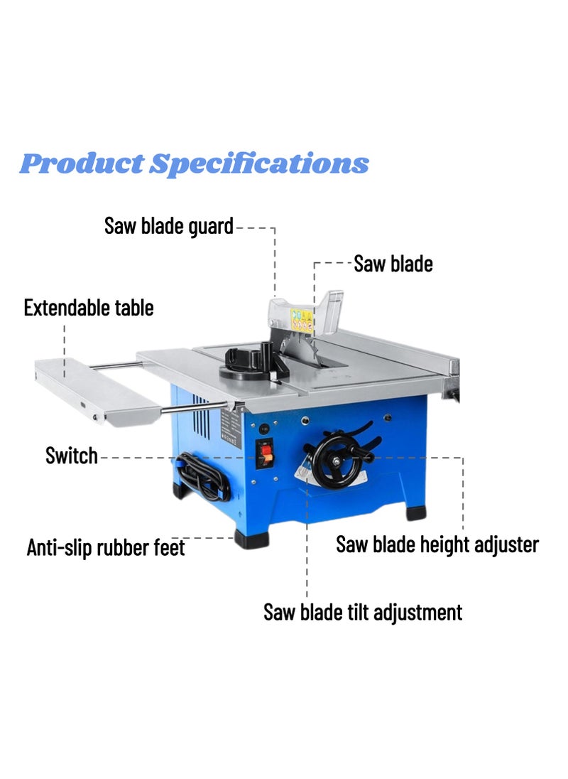 Corded 1200W Table Saw, 8 Inch, 5000 RPM 45ºBevel Cutting with Extension Bracket, Ideal for Woodworking, Home Repair and DIY-Blue