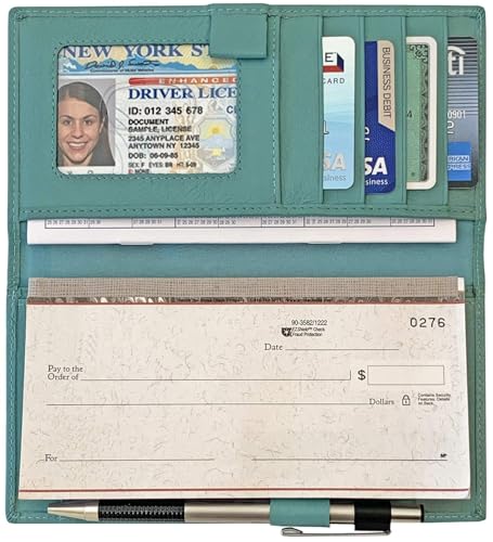 123 Cheap Checks Turquoise RFID Leather Checkbook Cover With Credit Card Slots and Pen Holder - Image 3