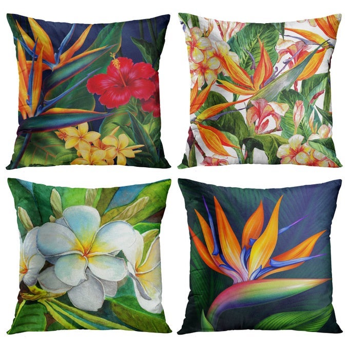 THROW PILLOW COVERS FLORAL HOME DECOR SET OF 4 PILLOW CASES LIVING ROOM DECORATIVE 18 X 18 INCHES CUSHION COUCH SOFA PILLOWCASES HAWAIIAN TROPICAL FLOWERS
