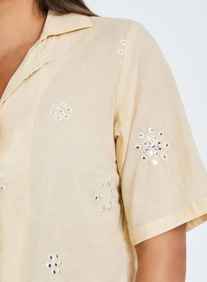 Styli  Beige Embroidered Cotton Shirt and Pants Co-ords for Women | Best Price UAE