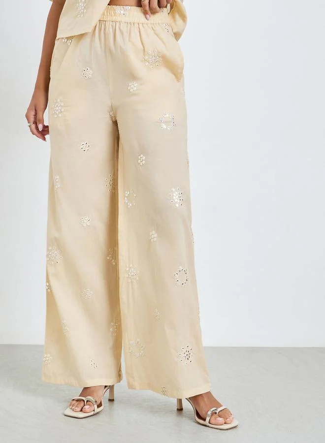 Styli  Beige Embroidered Cotton Shirt and Pants Co-ords for Women | Best Price UAE