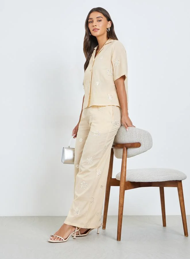 ستايلي طقم منسق من بنطال وبلوزة قطن مطرزة