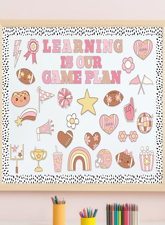 CPicdn 136Pcs Fall Pink Football Bulletin Board Classroom Decoration Set, Cute Autumn Sport Cutouts Football Name Tags Banners Border Trims Back to School Motivational Classroom Chalkboard Supplies - Image 1