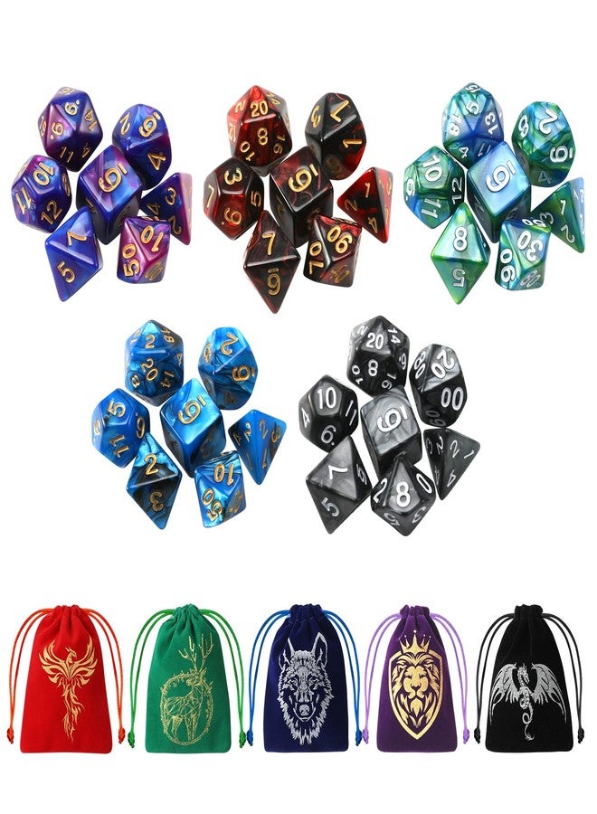 Grajar 35Pcs DND Dice Set with 5 Colorful Animal Patterned Dice Pouches, Polyhedral Dice Sets for Dungeons and Dragons D&D TTRPG MTG Table Role Playing Games - Image 1