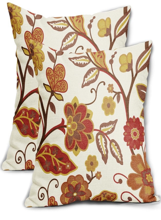 Sweetshow Fall Floral Pillow Covers 18x18 Set of 2 Red Yellow Burnt Orange Flower Print Throw Pillows Autumn Outdoor Decorative Pillow Case Square Linen Cushion Covers Farmhouse Decor for Home Couch Sofa Bed - Image 1