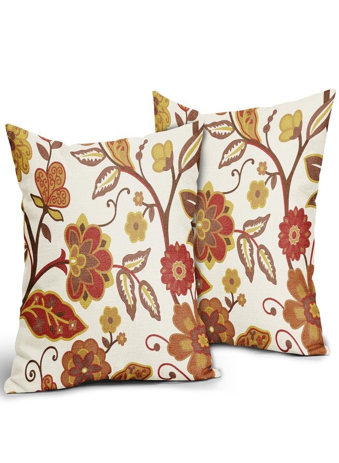 Sweetshow Fall Floral Pillow Covers 18x18 Set of 2 Red Yellow Burnt Orange Flower Print Throw Pillows Autumn Outdoor Decorative Pillow Case Square Linen Cushion Covers Farmhouse Decor for Home Couch Sofa Bed - Image 2
