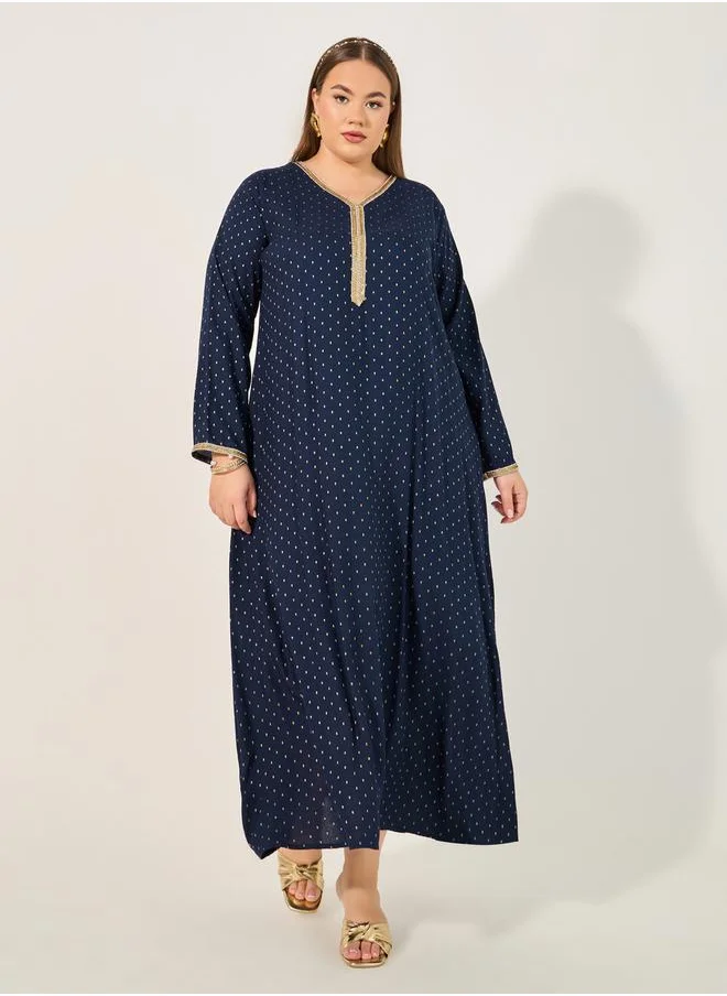 ستايلي Plus Size Embroidered V-Neck A-Line Jalabyia