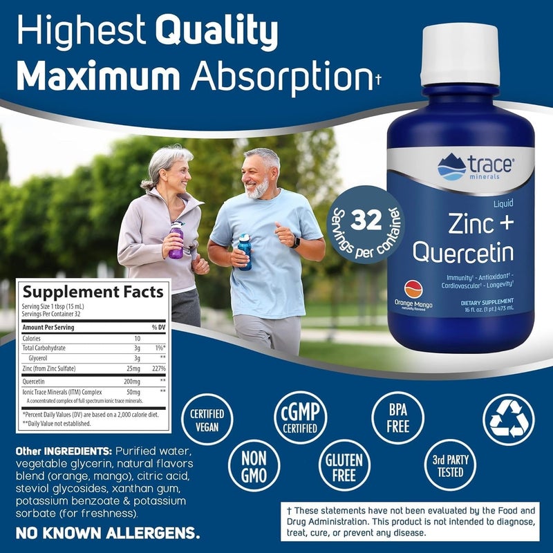 Trace Minerals Liquid Zinc Plus Quercetin  Digestive  Immune Health Supplement  Mineral Supplement with Zinc  Quercetin  Antioxidant  Heart Health Support  Orange Mango 16 fl oz 32 Servings - Image 2