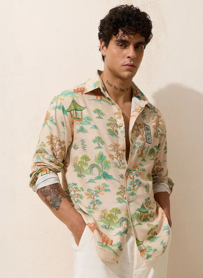 ذا سوليد ستور The Souled Store Men's Relaxed Fit Beige Floral Printed Casual Shirt