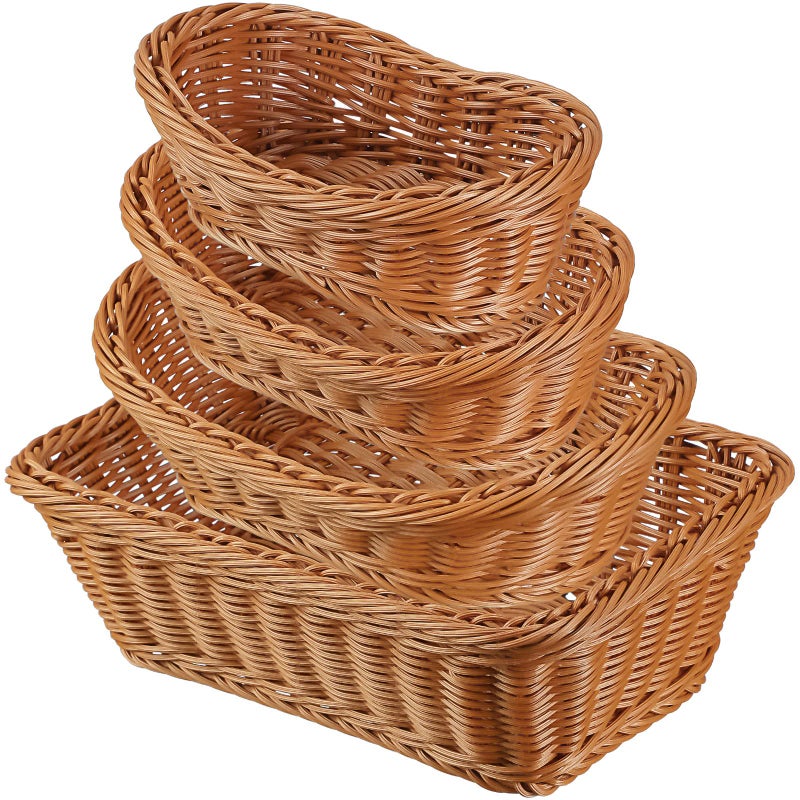 Mimorou 4 Pcs Bread Wicker Basket for Serving Woven Food Snack Storage Vintage Vegetable Fruit Baskets for Kitchen Table Home Oval and Rectangle